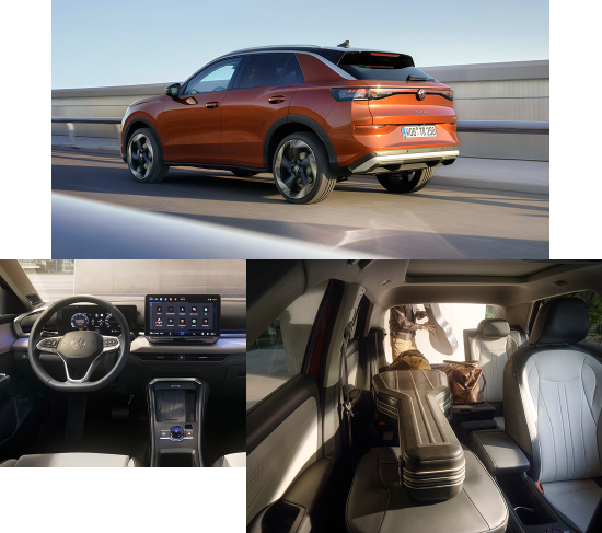 Der neue T-Roc in Flame Red Metallic fährt auf einer Brücke