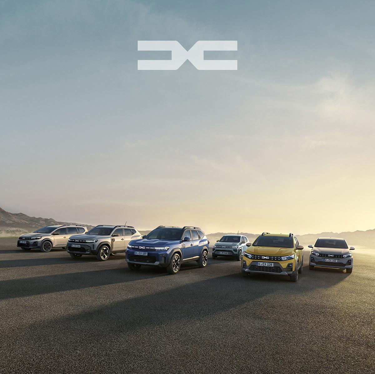 Abbildung aller Dacia Modelle in der Wüste.