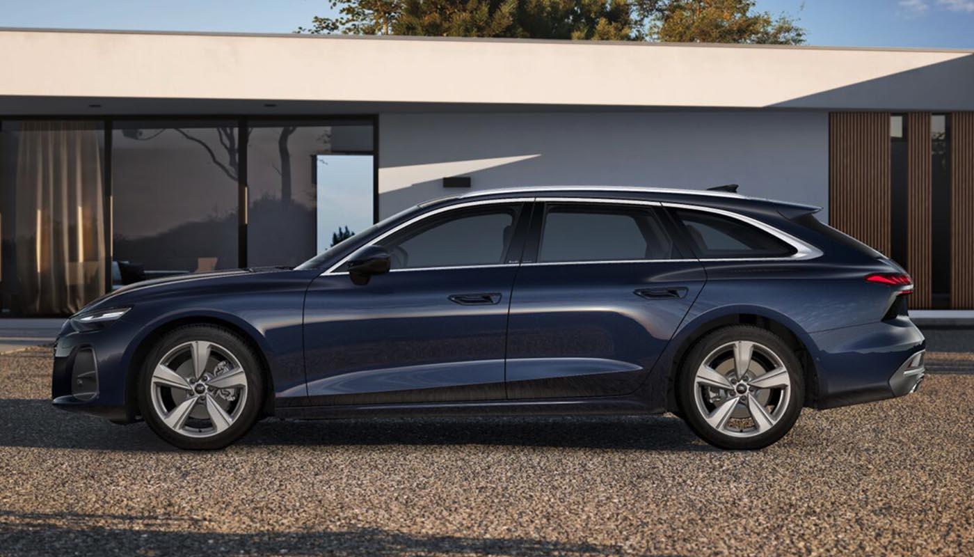 Seitenansicht eines Audi A6 Avant in Firmamentblau Metallic. Das Fahrzeug parkt vor moderner Architektur.