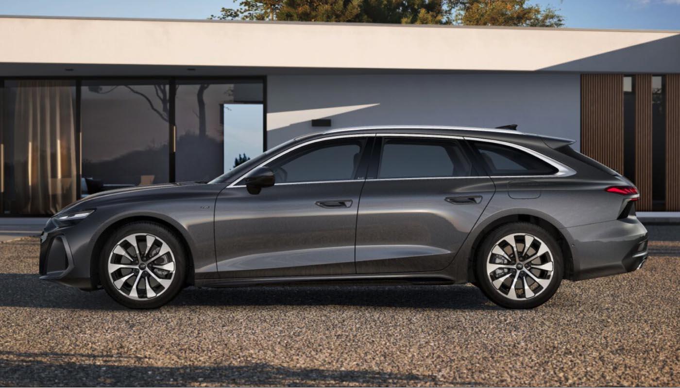 Seitenansicht eines Audi A6 Avant e-hybrid in Daytonagrau Perleffekt. Das Fahrzeug parkt vor moderner Architektur. 