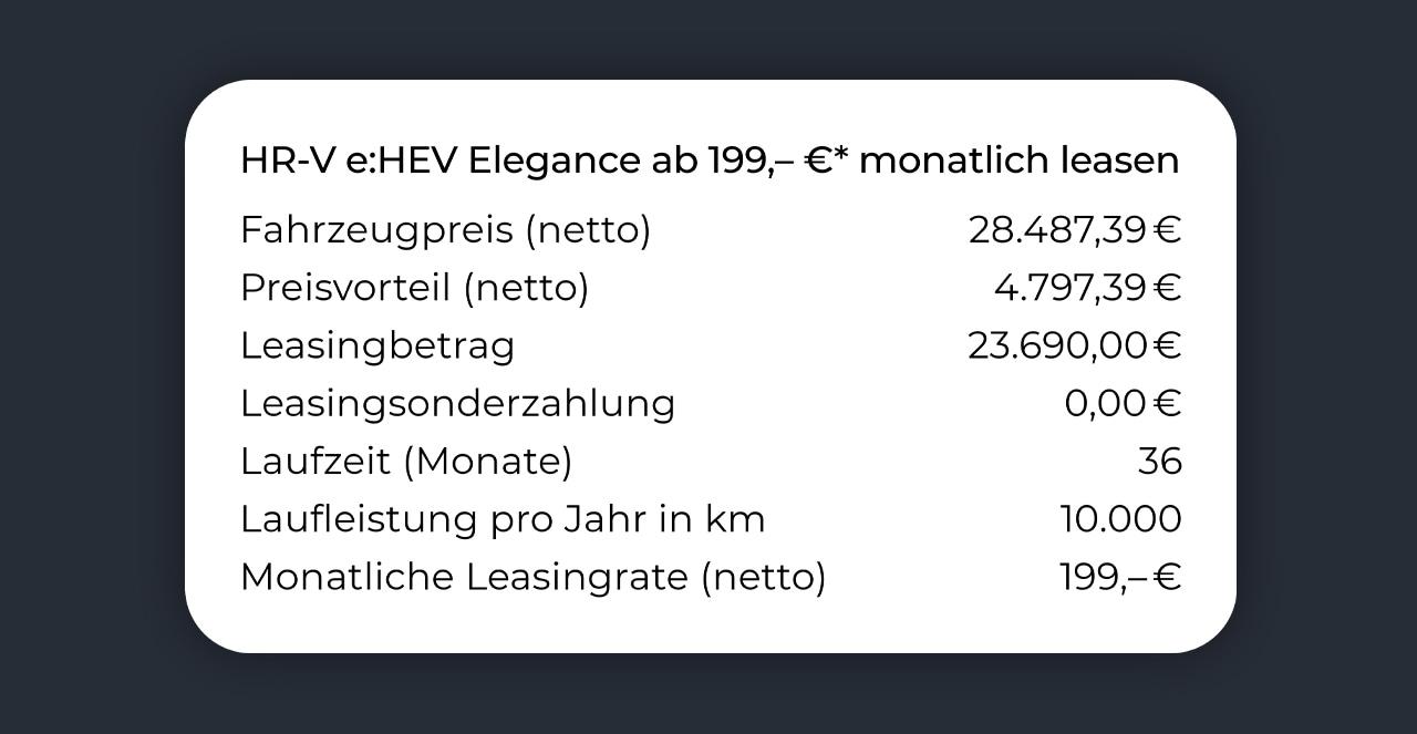 HR-V e:HEV Elegance ab 199,– €* monatlich leasen